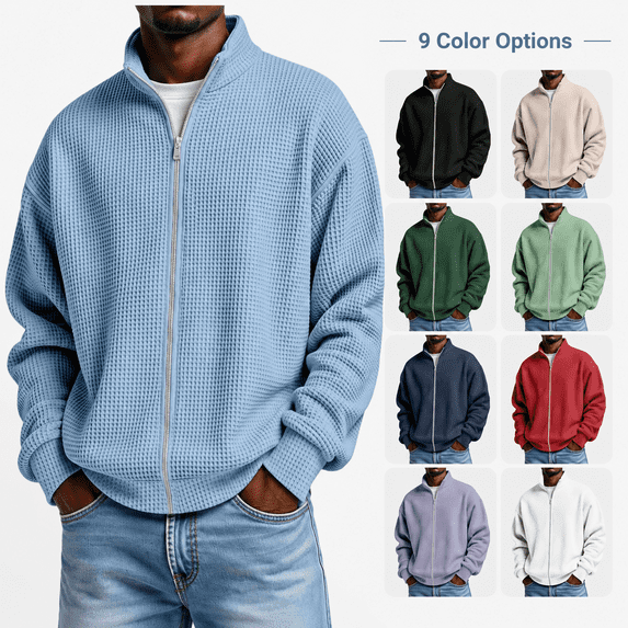 Full Zipper Jackets for Men Waffle Knit Zip Mock Neck Sweatshirt No Hood Casual Loose Fit Solid Color Long Sleeve Lightweight Fall Jackets, Xl