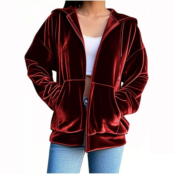 Full Zipper Sweatshirt Jackets for Women Soft Velvet Hoodie Sport Casual Fall Coat Long Sleeve Cardigan Outwear (XL, Red)