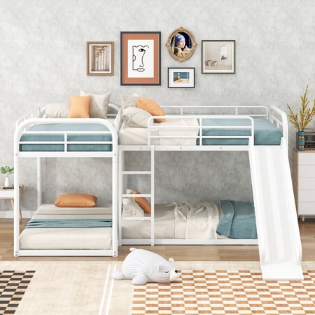 Full and Twin Bunk Bed with Slide and Short Ladder, L-Shaped Metal Bunk Bed Frame, Bunk Bed Frame with Guardrails (White)