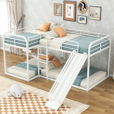 Full and Twin Size L-Shaped Bunk Bed with Slide and Short Ladder, Loft Bed with Guardrail, White