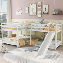 [Luckynote]Full and Twin Size L-Shaped Bunk Bed with Slide and Short Ladder,White