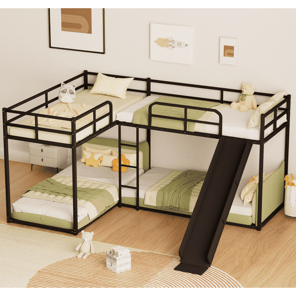 Full and Twin Size L-Shaped Metal Quadruple Bunk Bed Frame with SlideLadder, Guardrail for Teens Bedroom, 4-in-1 Beds,Black
