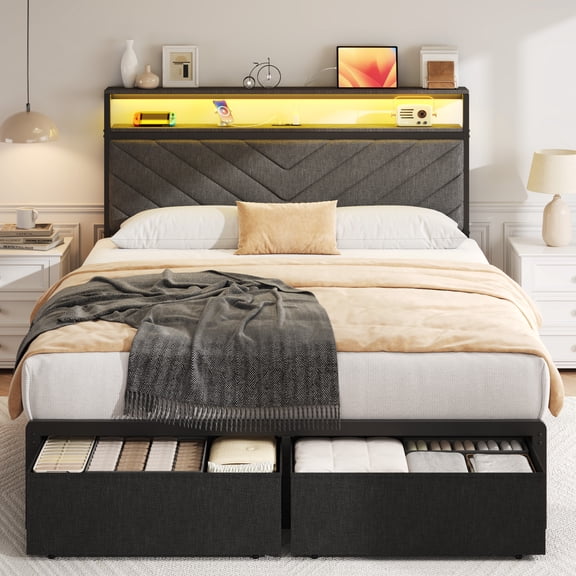 Full bed frame with charging station, LED lights, and storage drawers, with soft cushioned headboard, under bed storage space, easy to install, gray