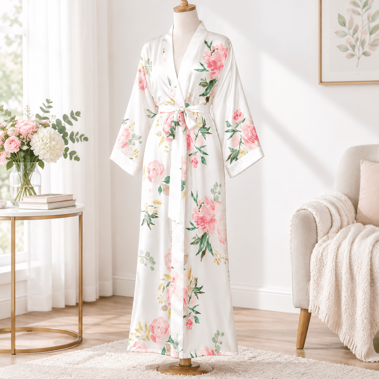 Silky Patterned Robe Full-blown Flowers One Size Silky Satin Floral Kimono Robe for Lounging ...