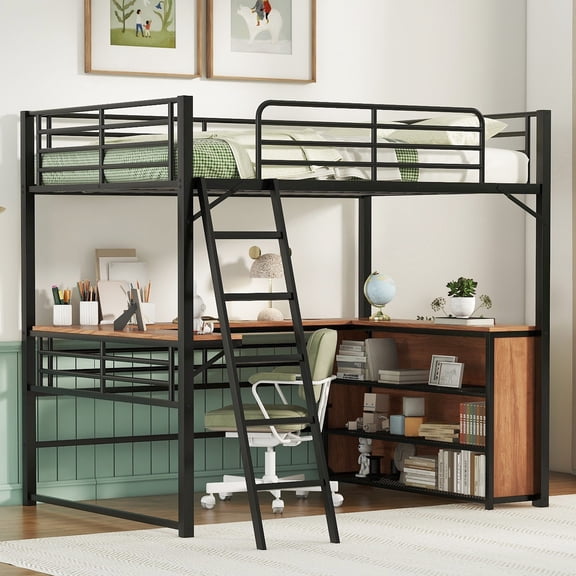 Full - dimension - Ideal for Play and Small Item Organization - Teenager's Bedroom - Safe and Space - saving Metal Loft Bed with Shelves