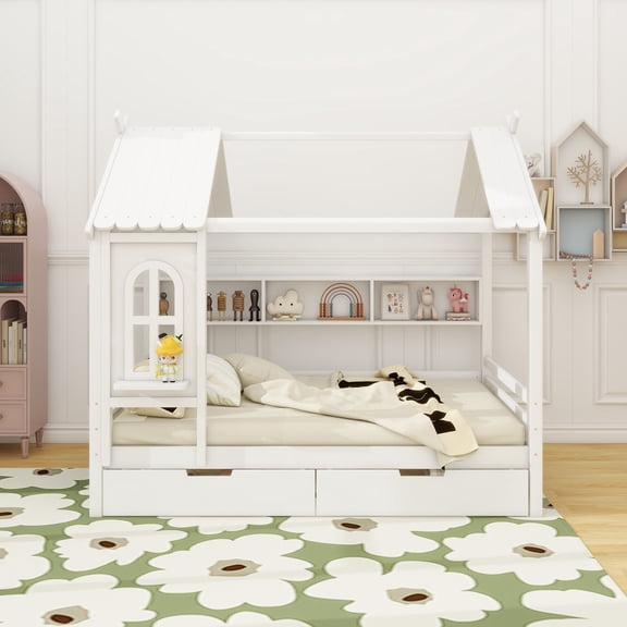 Full house Beds with Storage Drawers and Window, Solid Wood House Platform Bed Frame with shelves, for Kids, Girls, Boys, No Spring Box Needed and Childlike Design, White