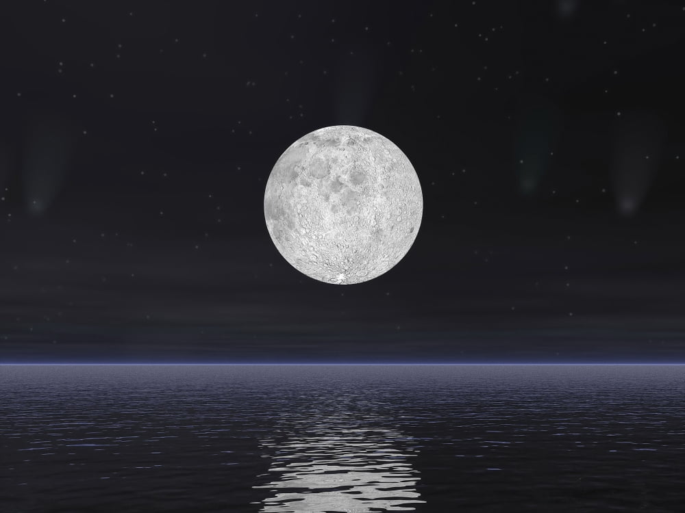 Full moon on a dark night with stars and comets over the ocean Canvas Art - Elena DuvernayStocktrek Images (33 x 25)
