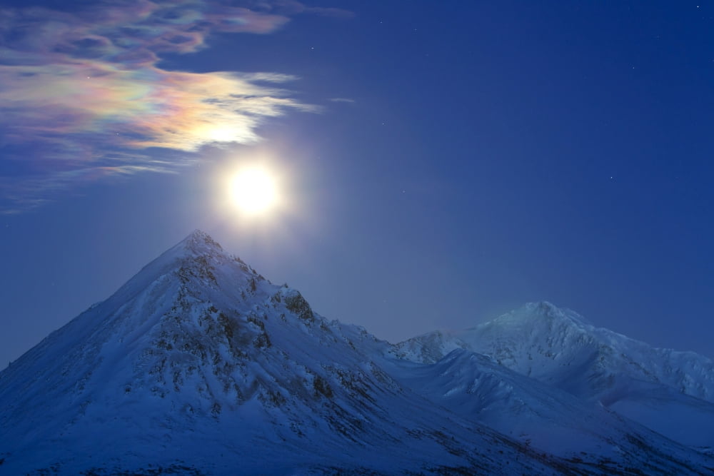 Full moon with rainbow clouds over Ogilvie Mountains Canada Canvas Art - Joseph BradleyStocktrek Images (18 x 12)