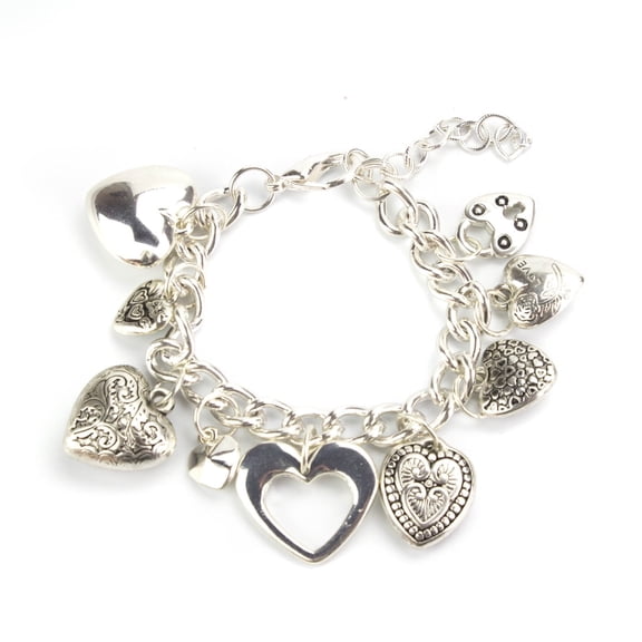Romantic Heart Charm Chain Bracelet - Silver Tone Multi Heart Charms Fashion Jewelry Necklace Bracelet Silver
