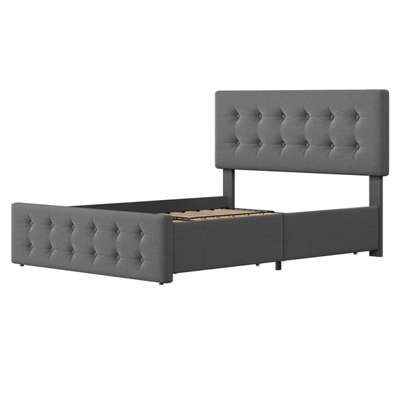 Full or King Bed Frame with 4 Storage Drawers & Adjustable Headboard – Faux Leather or Linen, Platform, No Box Spring – Black/Dark Grey