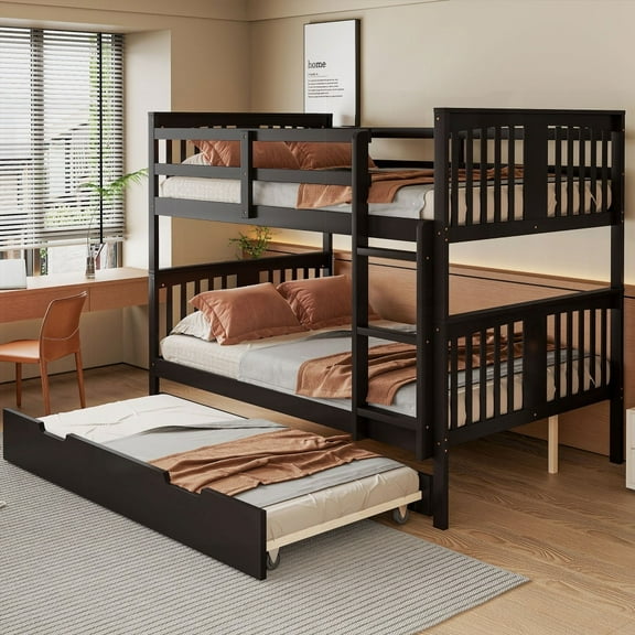 Full over Full Bunk Bed Boasting Twin Trundle & Ladder - Espresso - Solid Wood Construction for Durability