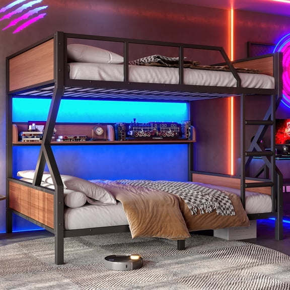 Full over Full Bunk Bed, Metal Bunk Bed with Storage Shelves and Lights, Space-saving & Noise-free Design, Black