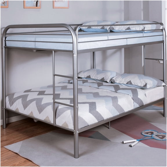 Full over Full Bunk Bed, Metal Frame with Angled Ladder, Space Saving Bunk Bed for Small Rooms, Silver Finish, Mattress Ready