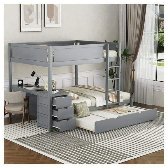 Full over Full Bunk Bed w/Twin Trundle, Storage & Desk, Gray