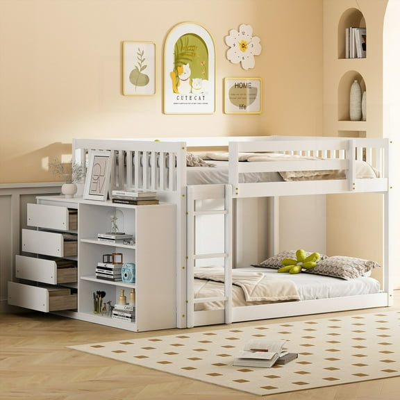 Full over Full Bunk Bed with 4 Drawers & 3 Shelves - Stylish White!