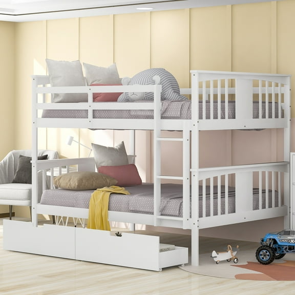 Full over Full Bunk Bed with Drawers and Ladder for Bedroom, Guest Room Furniture - White