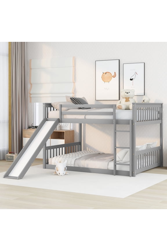 Full over Full Bunk Bed with Slide & Ladder, Grey