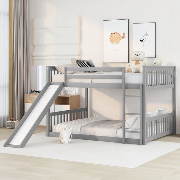 Full over Full Bunk Bed with Slide & Ladder in Grey - Sturdy Pinewood | Long Lifespan