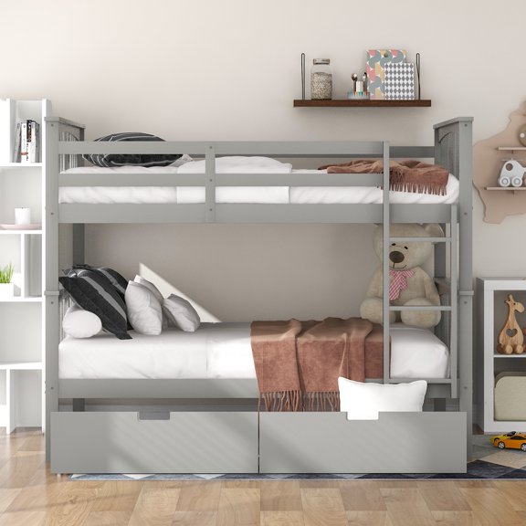 Full over Full Bunk Bed with Storage Drawers, Solid Wood Bunk Bed with Ladder, Convertible Twin Bunk Beds for  Guest Room, Gray Finish
