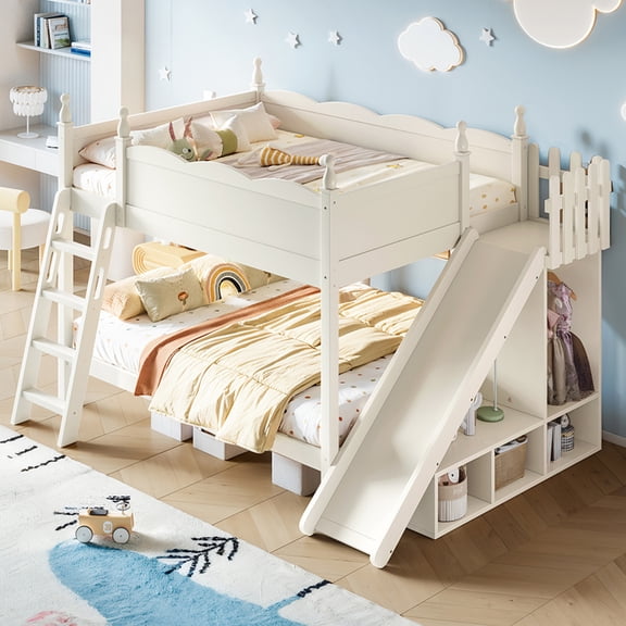 Full over Full Bunk Bed with Storage Shelves,Solid Wood Bunk Bed with Slide and Ladders, Low Profile Design, Beige