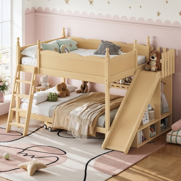 Full over Full Bunk Bed with Storage Shelves,Solid Wood Bunk Bed with Slide and Ladders, Low Profile Design, Natural