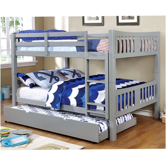Full over Full Bunk Bed with Trundle, Space-Saving Solid Wood Frame, Gray Modern Finish, Built-in Ladder & Guardrails for Secure Loft Sleeping