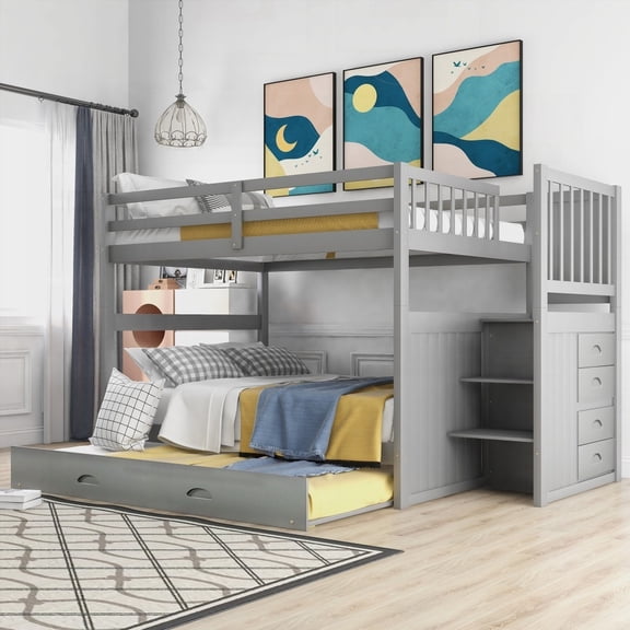 Full over Full Bunk Bed with Twin Trundle & Max Storage|Gray