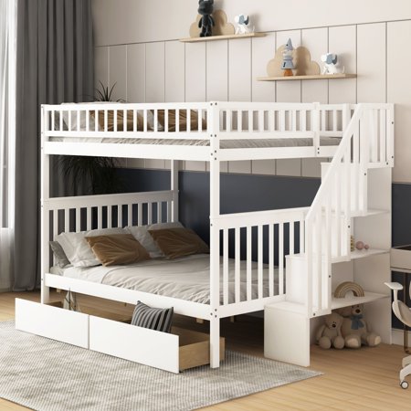 Full over Full Bunk Bed with Two Drawers and Storage, White