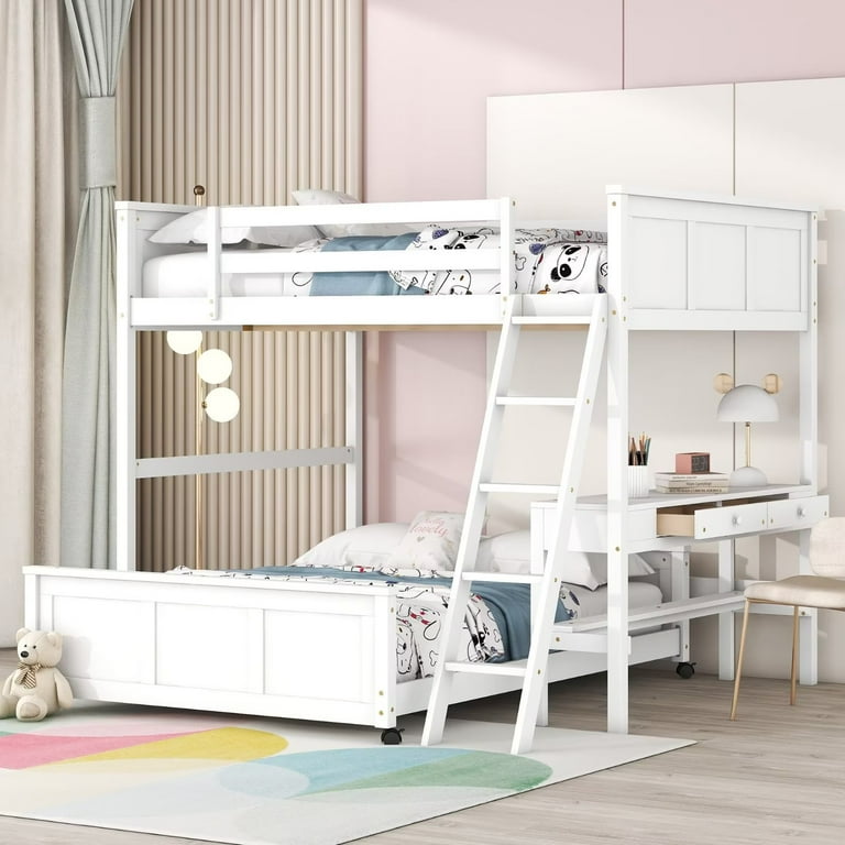 Full over Full Bunk Beds with Desk and Movable Bottom Bed Wood Bunk Bed Frame with Inclined Ladder for Kids Teens Adults White Walmart