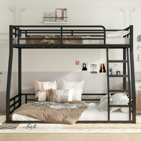 Full over Full Floor Metal Bunk Bed with Stairs, Safety Rails and Noise-Reduced Design