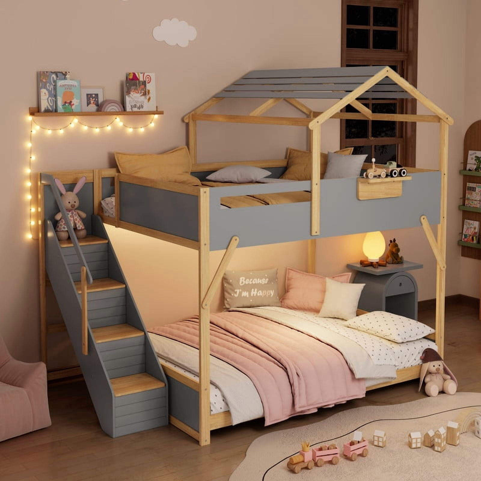 Full over Full House-Shaped Bunk Bed with Roof & Stairs, Kids Bed Frame with 3-Color LED Lights & Bedside Storage Shelf