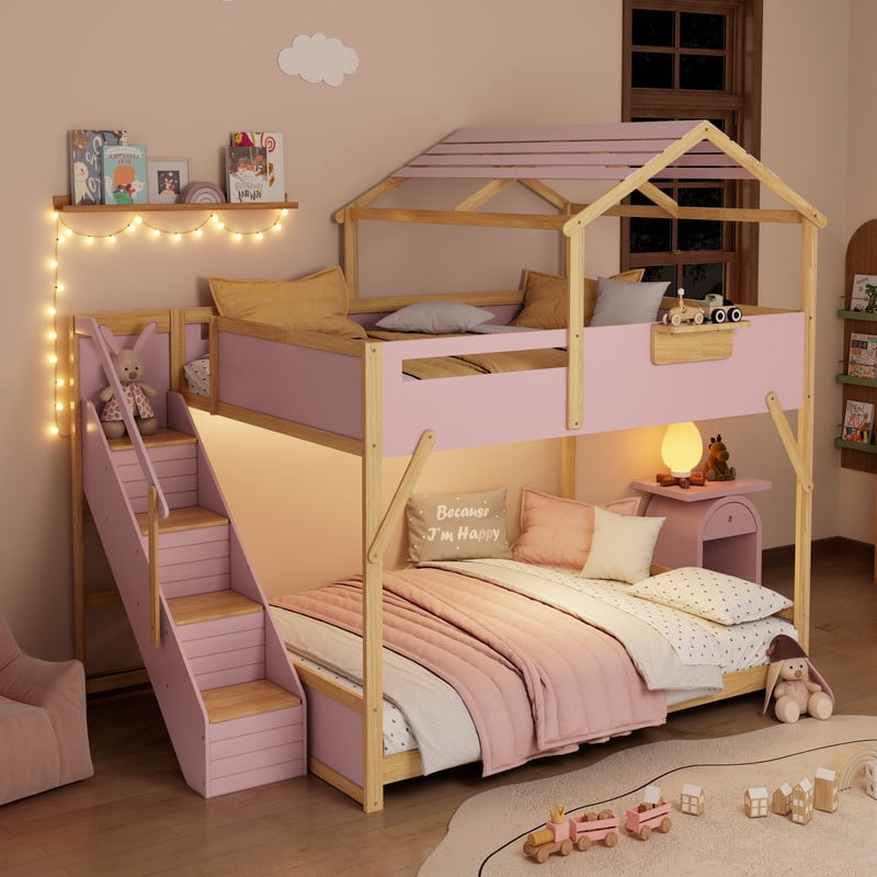 Full over Full House-Shaped Bunk Bed with Roof & Stairs, Kids Bed Frame with 3-Color LED Lights & Bedside Storage Shelf