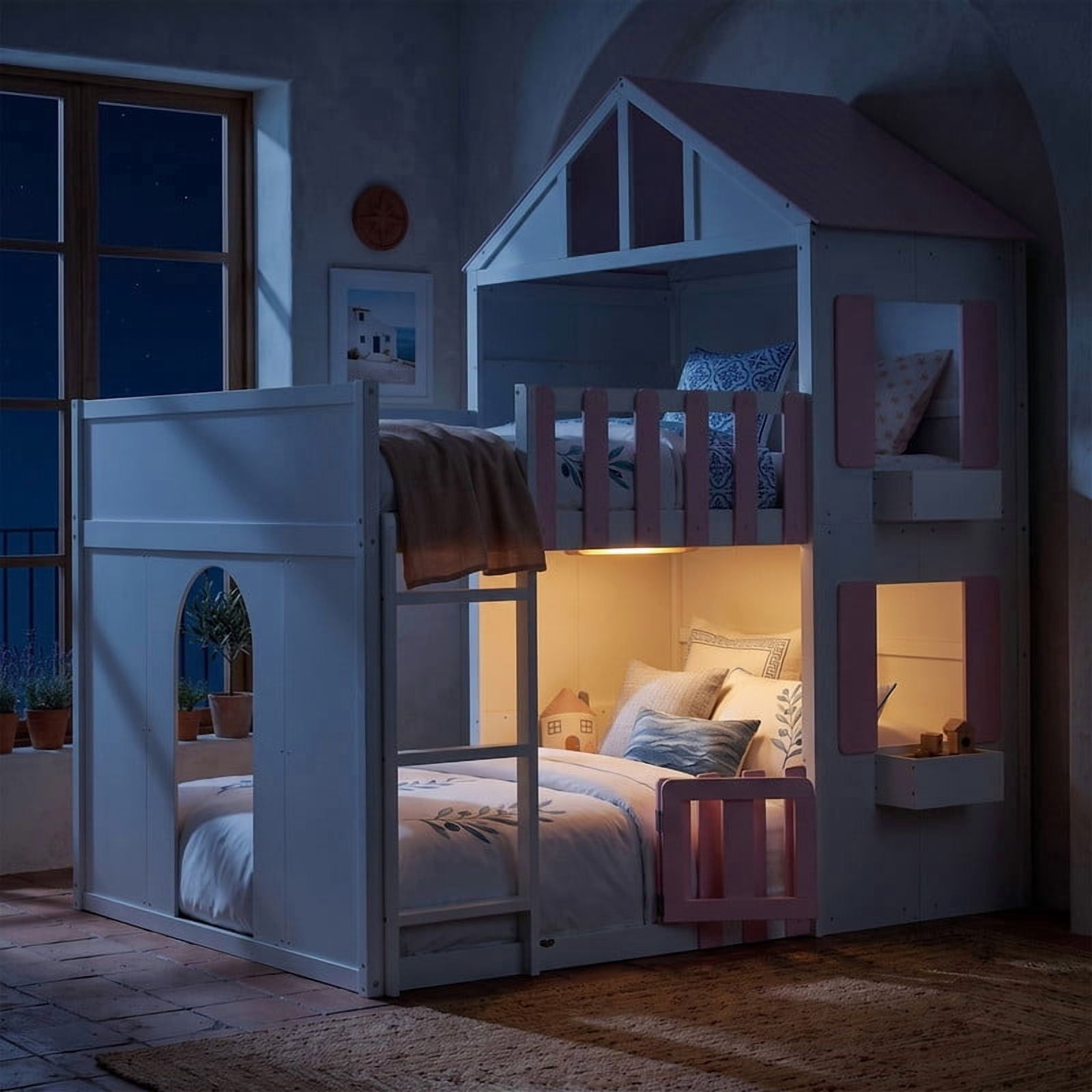 Full over Full House-Shaped Bunk Bed with Roof and Window, Kids/Teens Playful Designed Bed Frame with Fence and LED Light