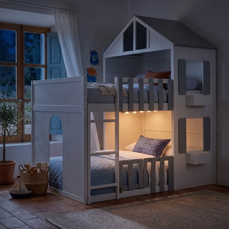 Full over Full House-Shaped Bunk Bed with Roof and Window, Kids/Teens Playful Designed Bed Frame with Fence and LED Light