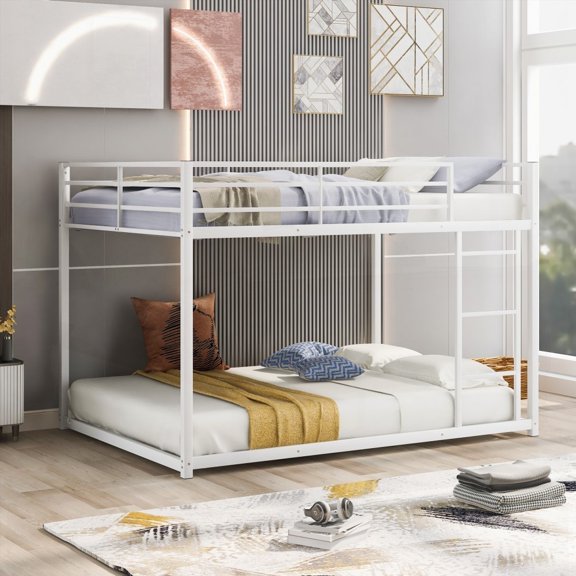 Full Size Metal Bunk Bed with Ladder, Low Bunk for Bedroom, White