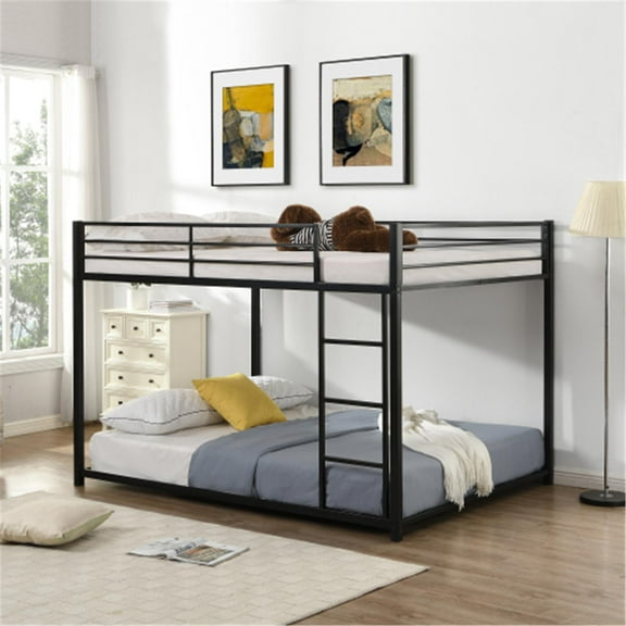 Full over Full Metal Bunk Bed Frame with Guardrail and Ladder, Black