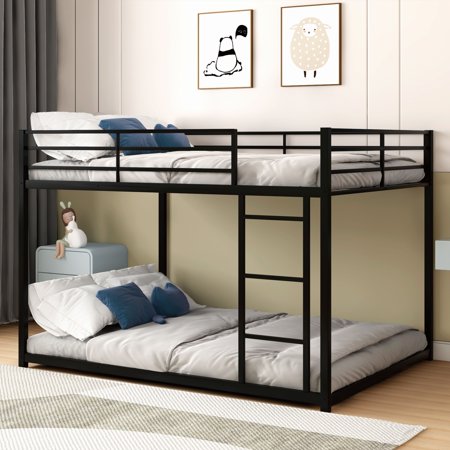 Full over Full Metal Bunk Bed, Low Bunk Bed with Ladder, Black