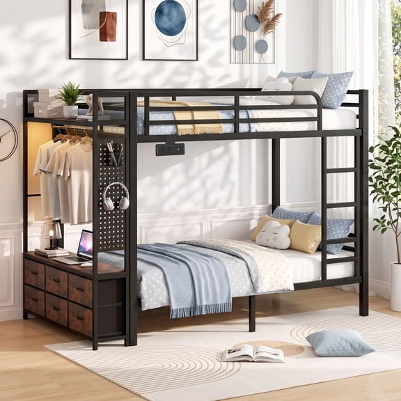 Full over Full Metal Bunk Bed with 6 Storage Drawers, Black