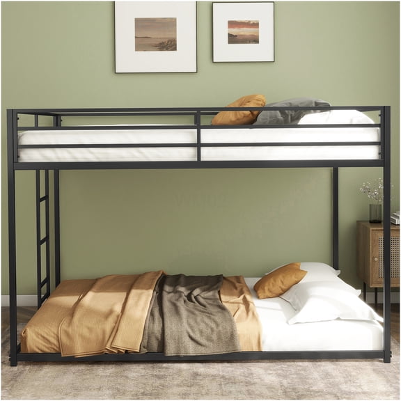 Full over Full Metal Bunk Bed with Ladder, Low Profile Design with Guardrails for Space Saving Bedroom Solution