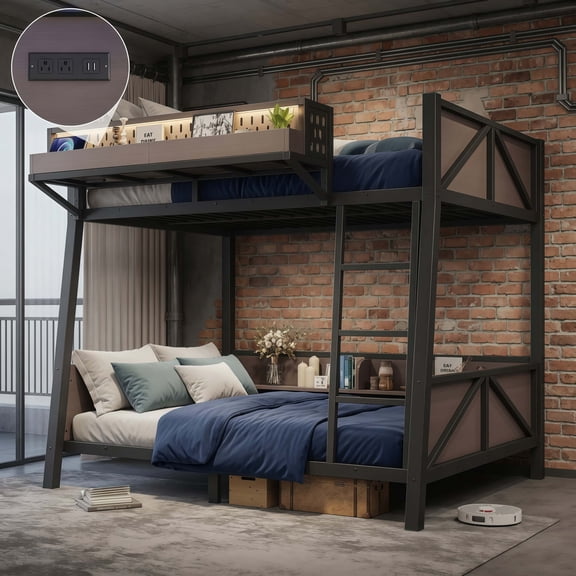 Full over Full Metal Bunk Bed with Storage, LED USB Ports Heavy Duty, Space Saving Shared Bedrooms, Black