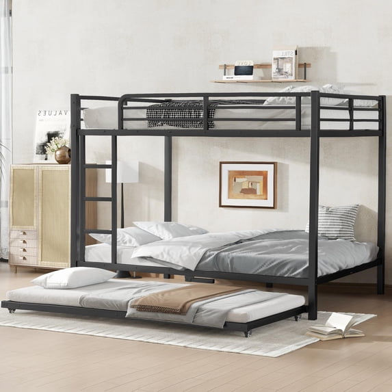 Full over Full Metal Bunk Bed with Twin Trundle, Heavy Duty Frame, Black