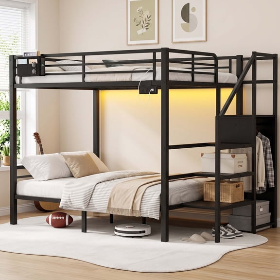 Firscook Full Over Full Metal Bunk Bed with Storage Stairs and Wardrobe, LED Lights, Charging Station, Black