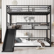 Full over Full over Full Bunk Bed with Slide, Metal Triple Bunk Bed with Safety Guardrails, Heavy-duty Bunk Bed with Noise-reduced Design, Black