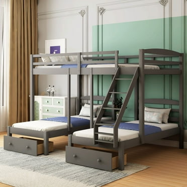 Full over Twin & Twin Bunk Bed,Triple Bunk Bed with Drawers, Gray