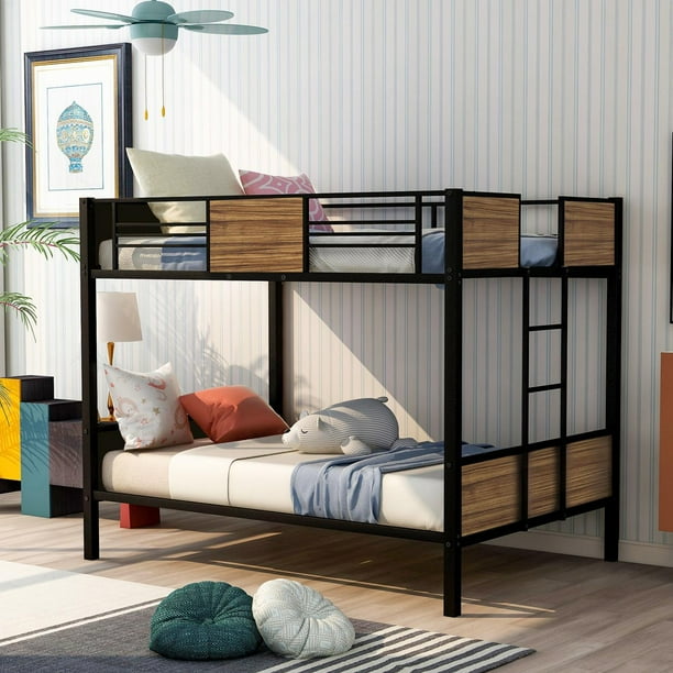 Full over full Bunk Bed with Safety Guard Rail Ladder and Support Slats Metal Bunk Bed Frame for Bedroom Dorm Boys Girls Adults No Box Spring Need