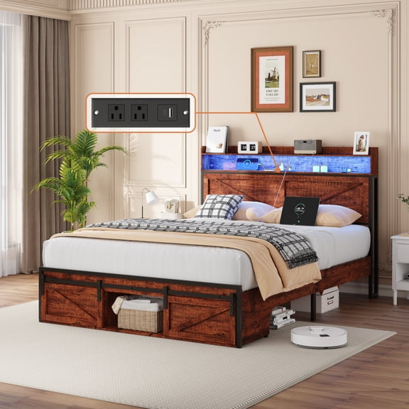 Full-size Bed Frame Brown MDF+Metal Storage Headboard Footboard with LED Lighting & Charging Station Anti-slip Noise-free Metal Platform Slat Support No Box Spring Needed Customizable