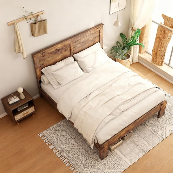 Full-size Bed Frame with Wooden Headboard,Heavy-duty Industrial Style Wooden and Metal Platform Bed Frame, Silent Design, No Spring Mattress Required, Ample Storage Space, Dark Brown.