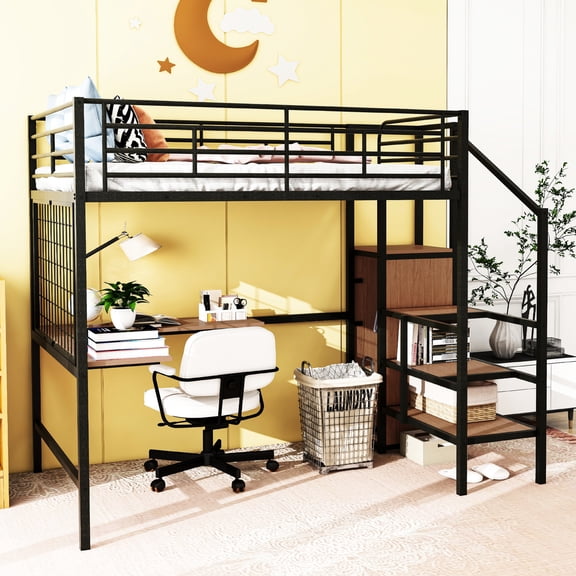 Full-size Black Loft Bed with Desk | Versatile Usage in Bedroom | Saving Space with Smart Design