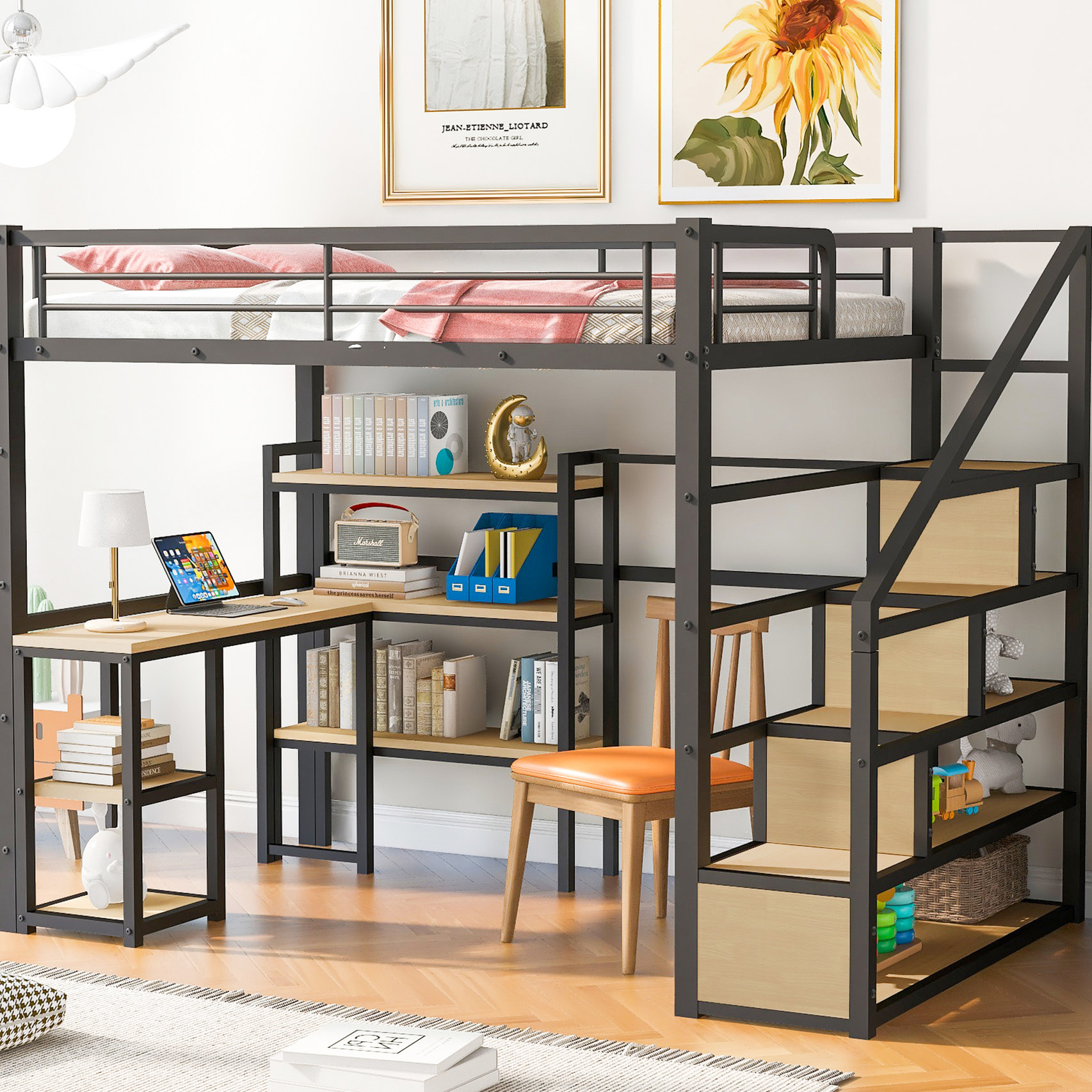 Full-size Black Loft Bed with Shelves | Ideal for Bedroom Organization ...