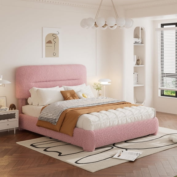 VIPLOV Full size Cloud Bed Frame, Boucle Bed with Adjustable Headboard, Soft Rounded Corner Guards, Silent Design, Easy to Assemble, Pink